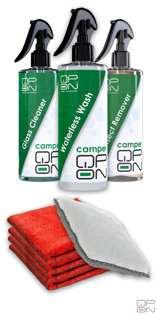 Camper Series - Starter OTR (On The Road) Kit qp-on

Waterloos wassen campers, insectenreiniger camper en een raamreiniger speciaal voor campers. In 1 compelete kit met doekjes. 